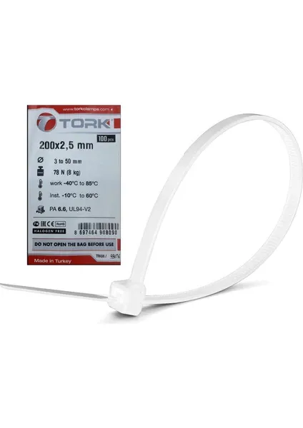 Tork Plastik Kelepçe Kablo Bağı 100'Lü 200x2.5mm Beyaz